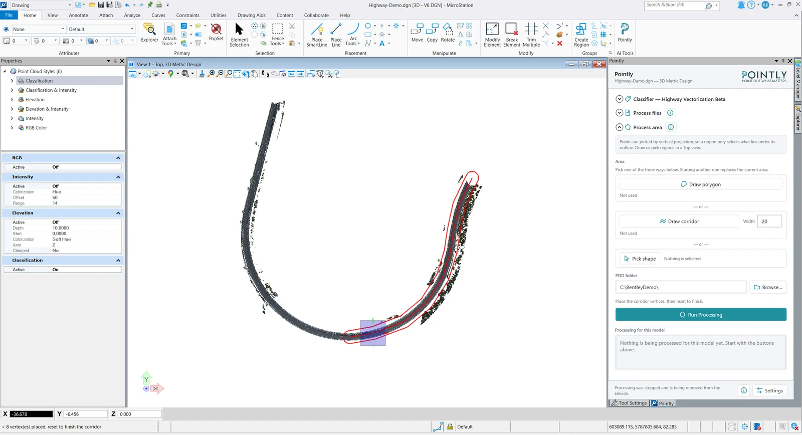 A corridor of configurable width drawn along a curved highway point cloud in a top
view
