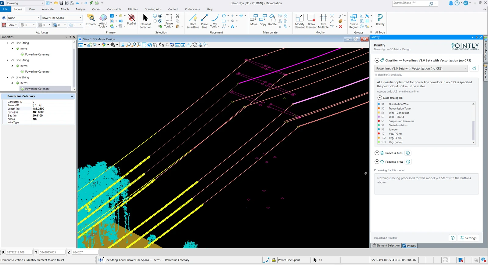 Extracted catenary spans shown as line strings over the classified power line corridor,
with one span's attributes open in the Properties dialog
