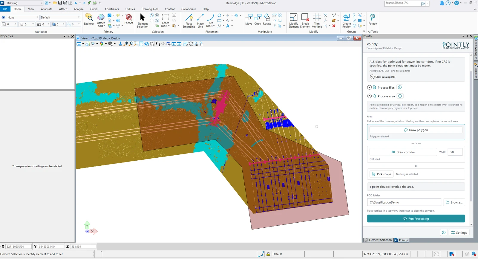 The Process area panel with Draw polygon, Draw corridor and Pick shape, and a polygon
drawn over a classified substation