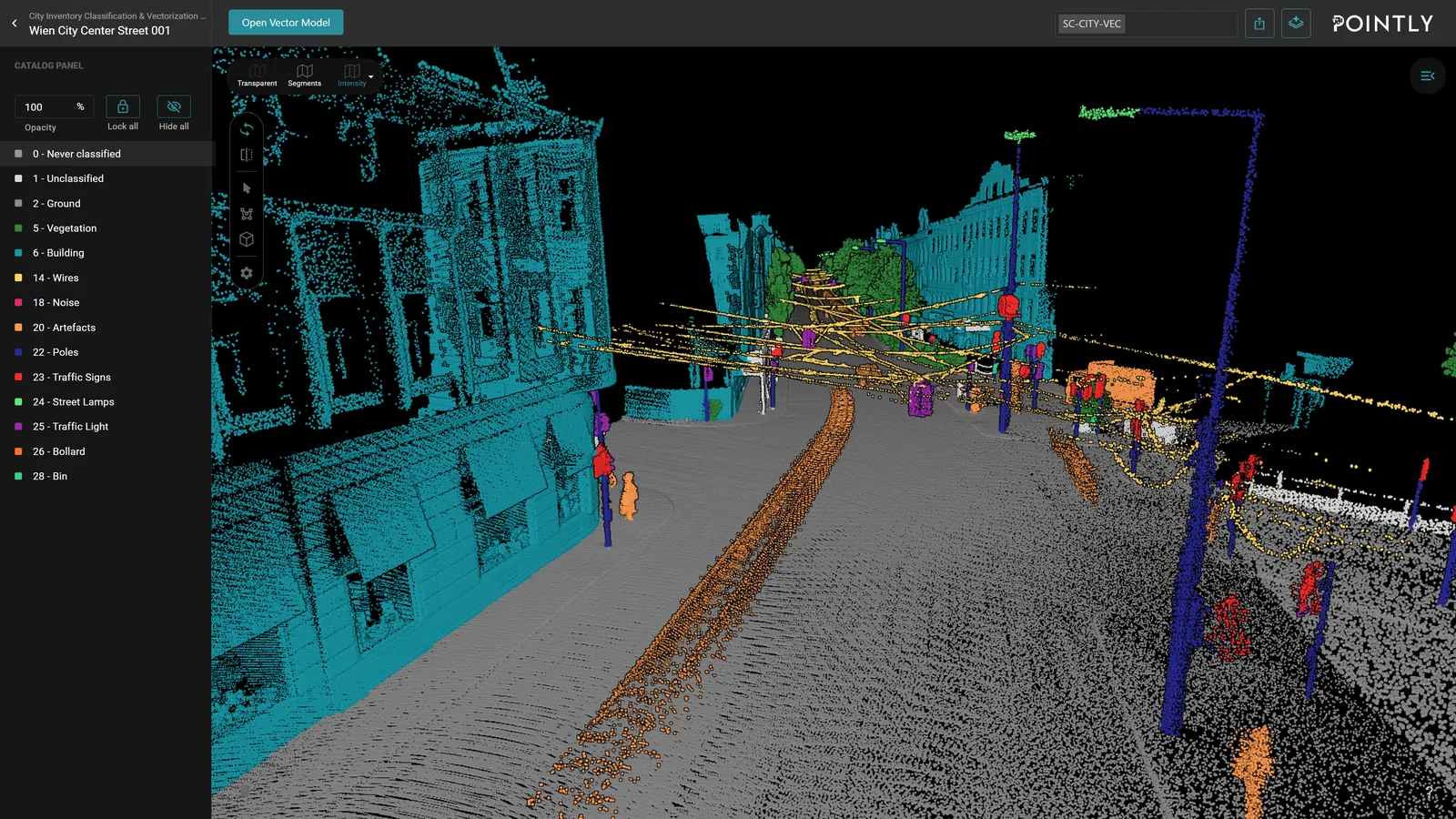 A classified street with the moving traffic, parked vehicles and people still in the cloud