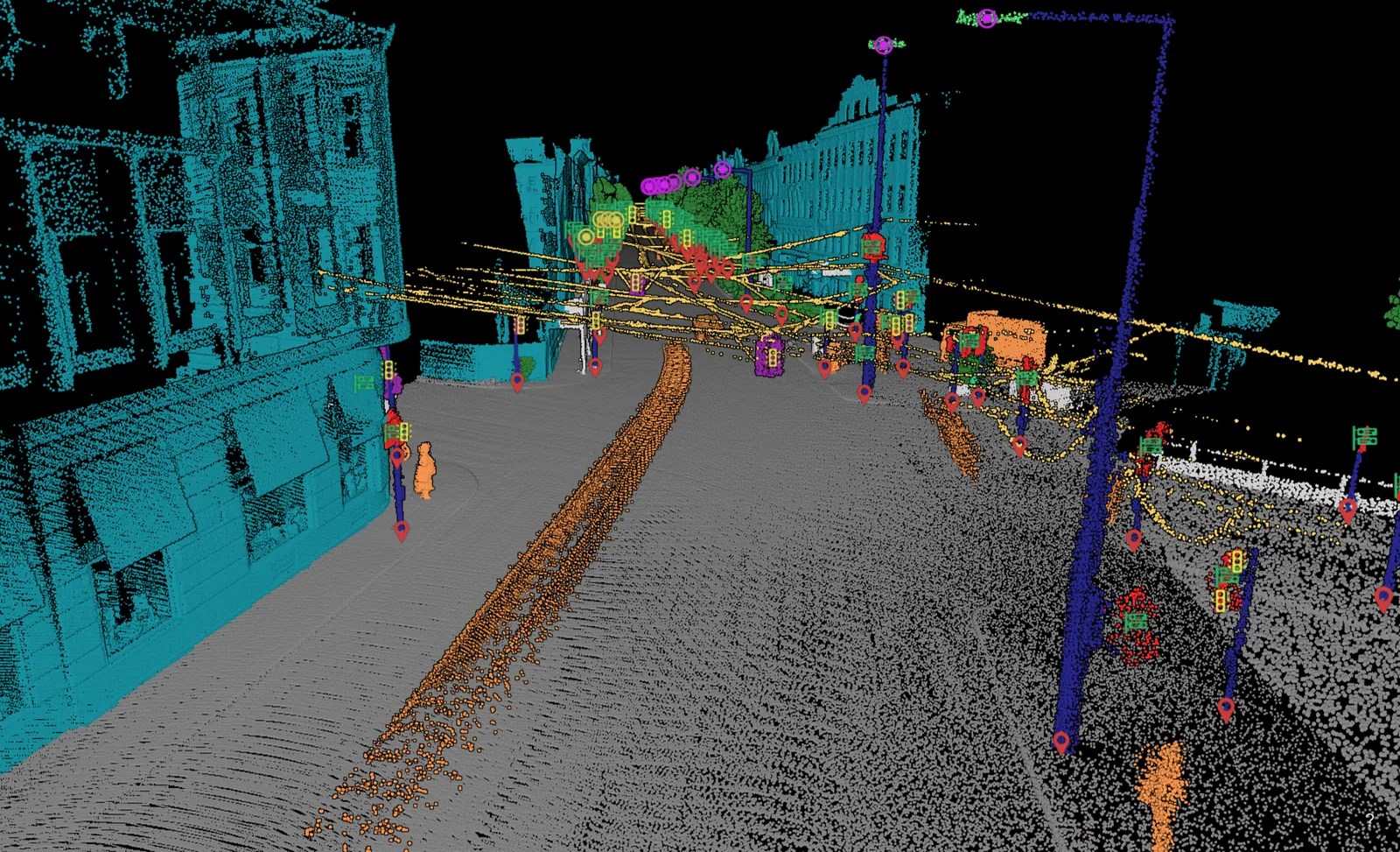 A city street classified and vectorized, the poles, signs and bins standing as their own objects against the facades and the road surface