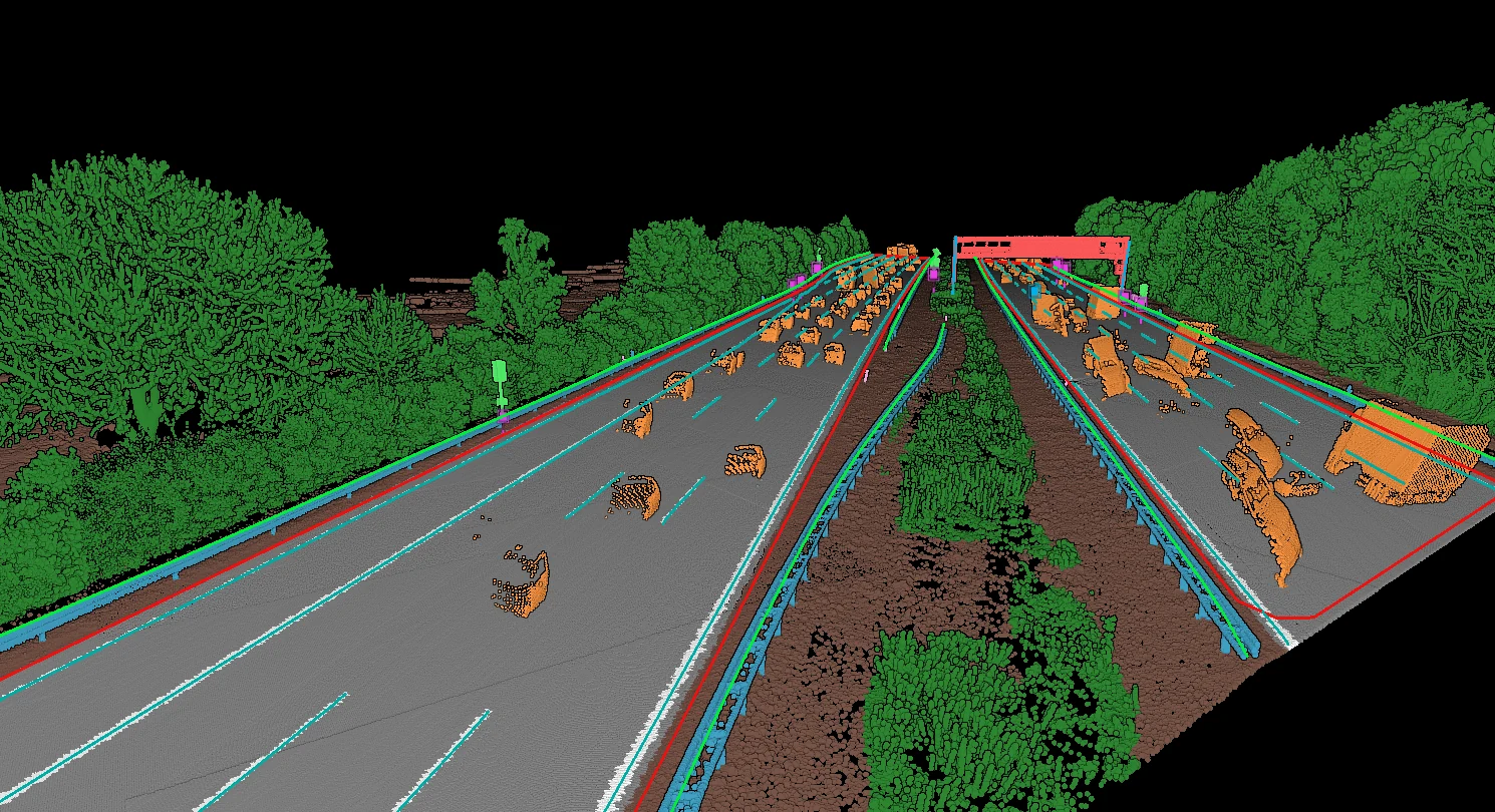 A carriageway classified and vectorized, the traffic picked out from the guard rails and walls, with the signs and gantries standing as their own geometry