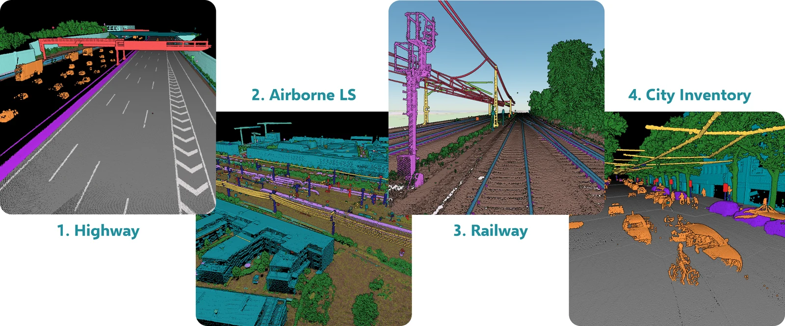 Four use cases side by side: highway, airborne laser scanning, railway and city inventory