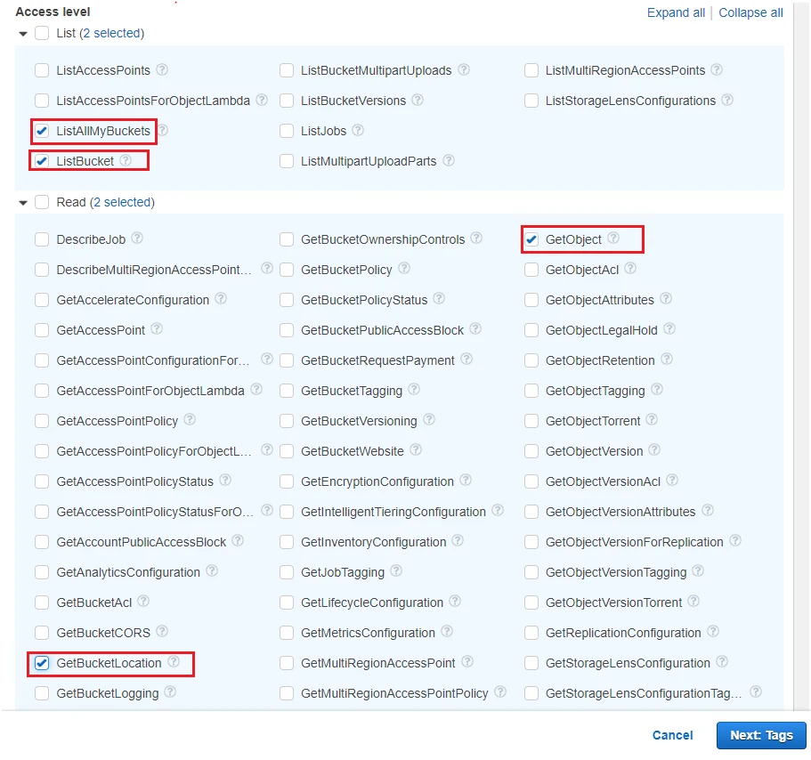 Four permissions carry the whole policy: ListAllMyBuckets, ListBucket, GetObject and GetBucketLocation