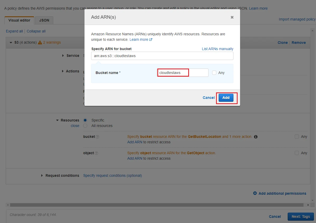 The Add ARN dialog, with the bucket name typed into it
