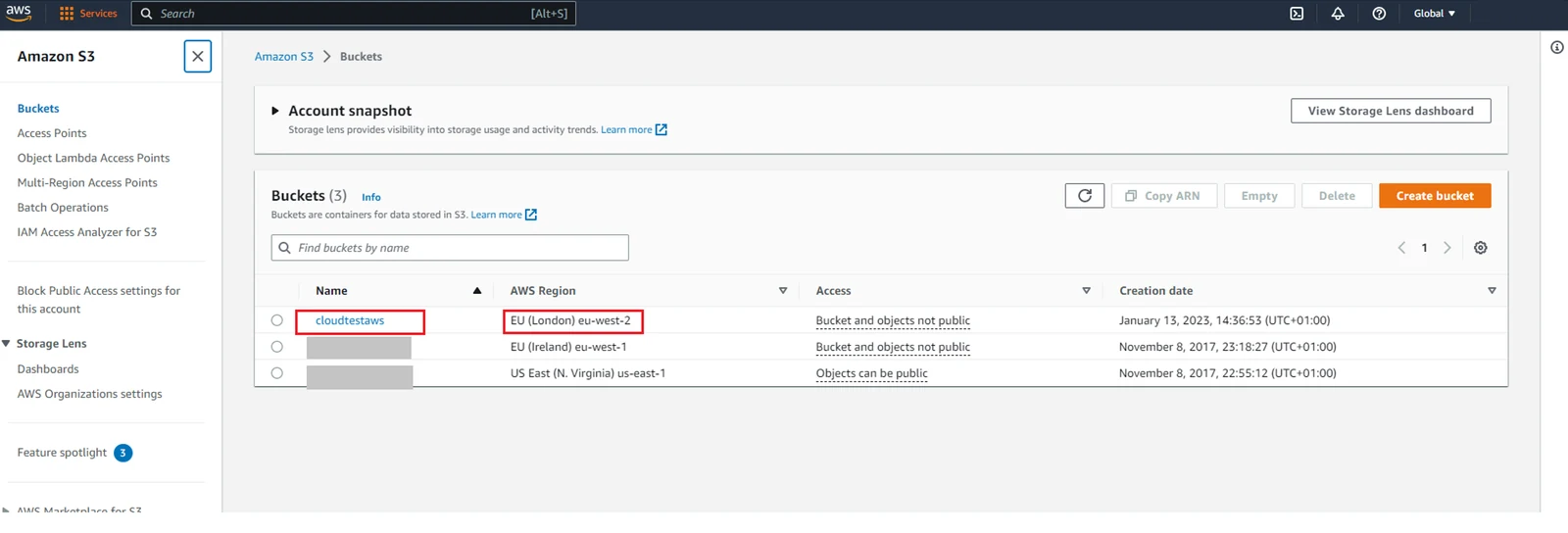 The bucket list in the AWS console, where the name and the region come from