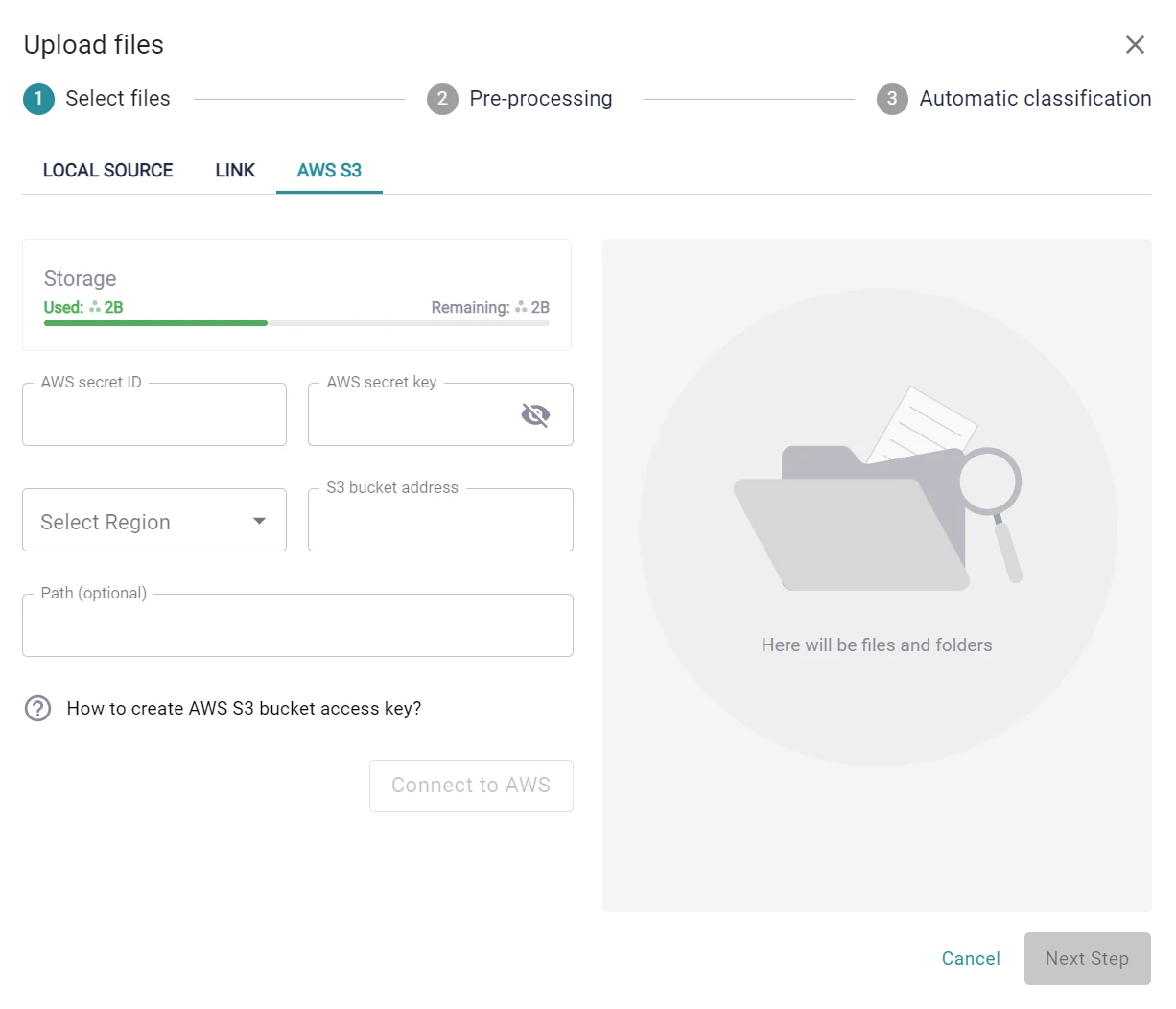 The AWS S3 tab of the Pointly upload dialog, with the five fields to fill