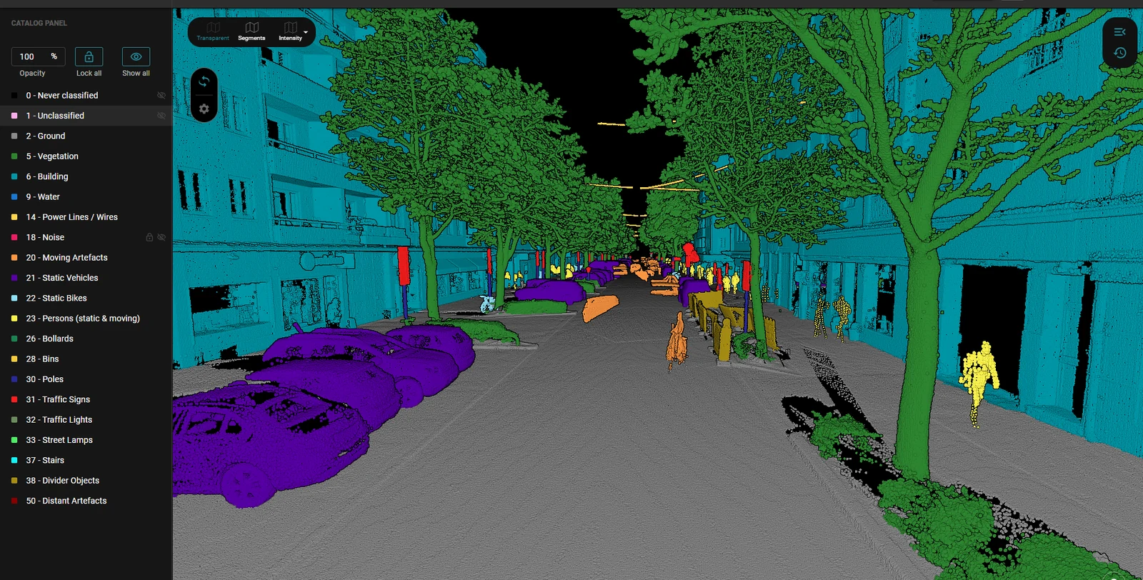 Street level: the parked cars, the people on the pavement and the bins beside them