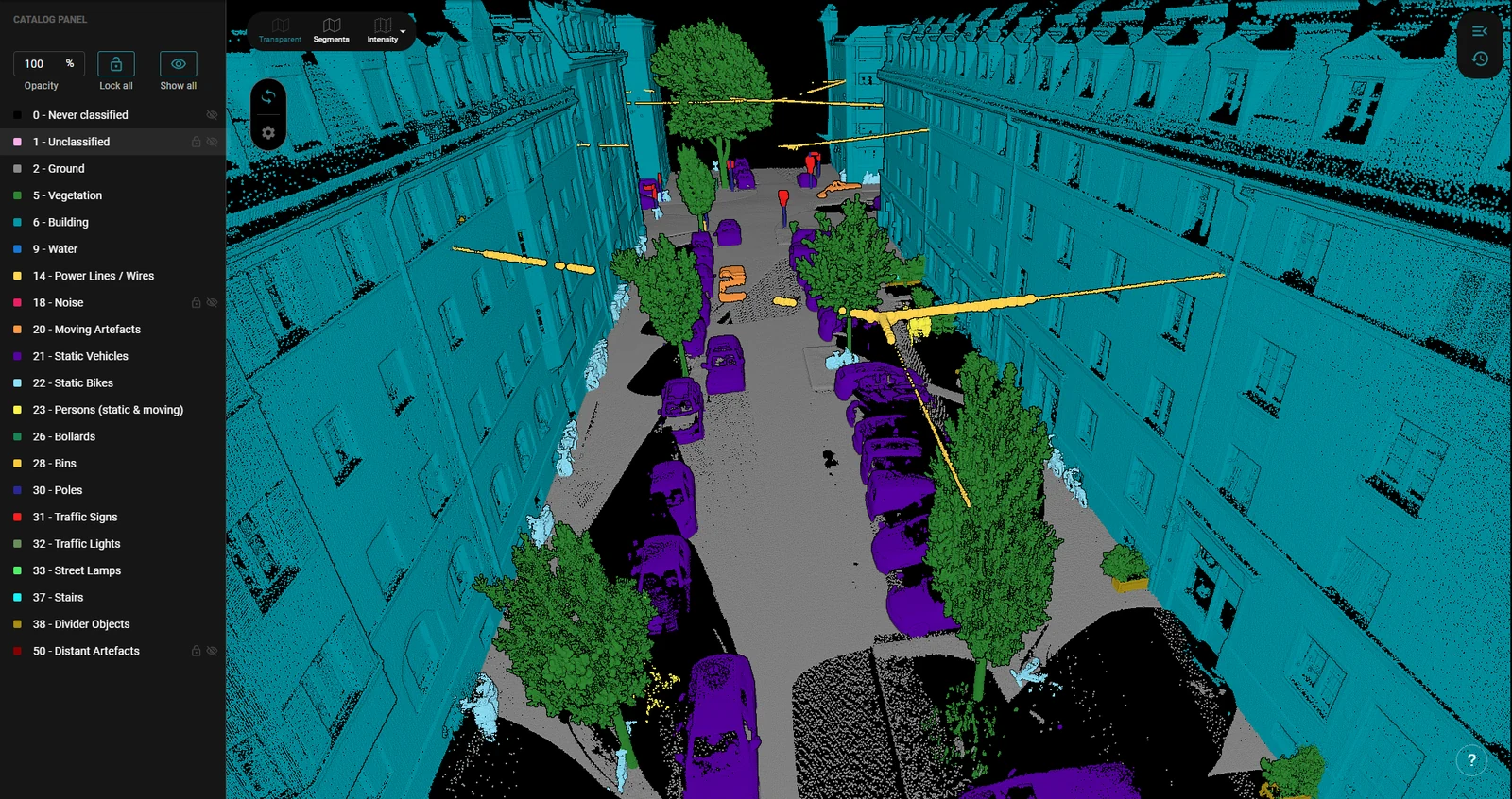 A street with the parked vehicles, the trees, the wires and the facades each in its own class