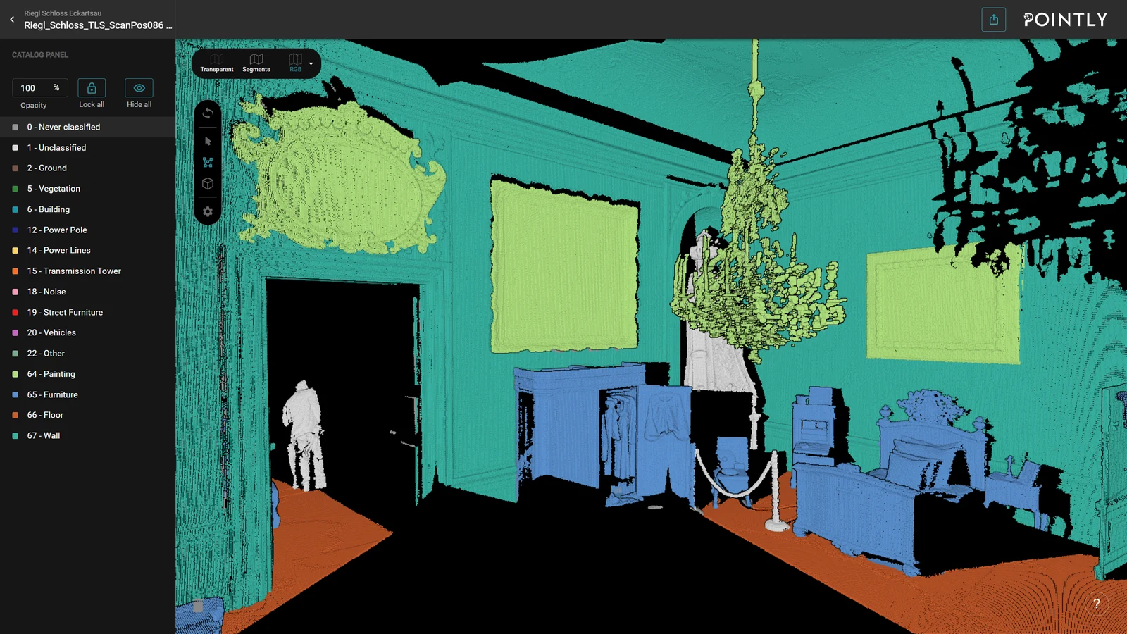 The same room classified: the wall, the floor, the paintings and the furniture each their own class. Data provided by RIEGL