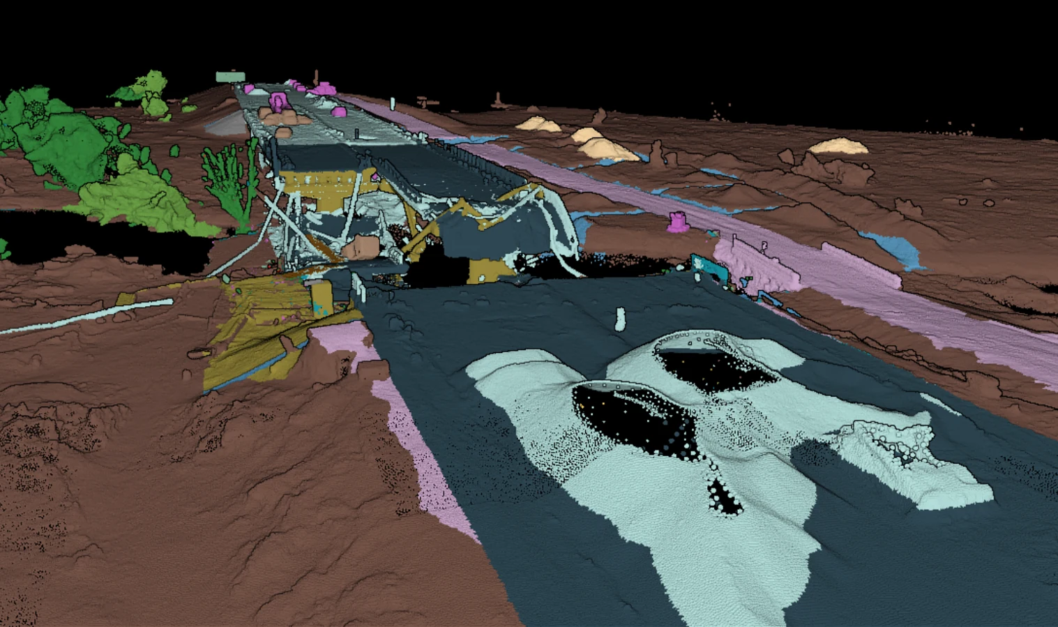 The same scan classified, the road surface, the debris and the vegetation separated. Data provided by Scan UA