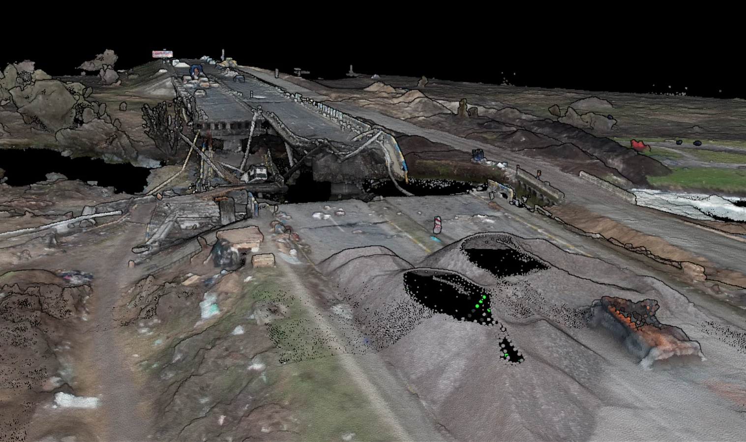 The Irpin Bridge in the colors of the scan, the span collapsed into the river. Data provided by Scan UA
