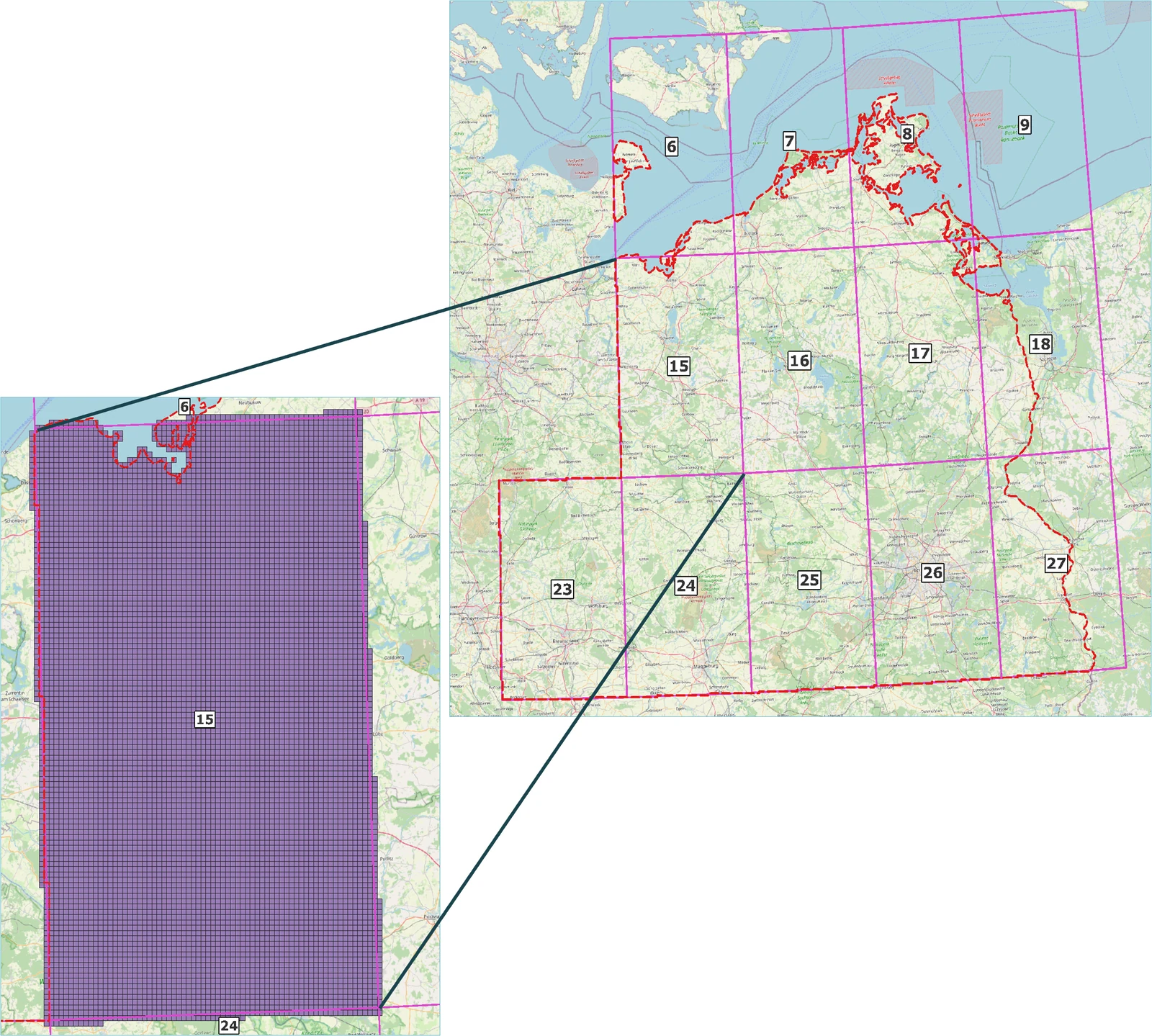 The block layout of the target area, and the tiles inside one block