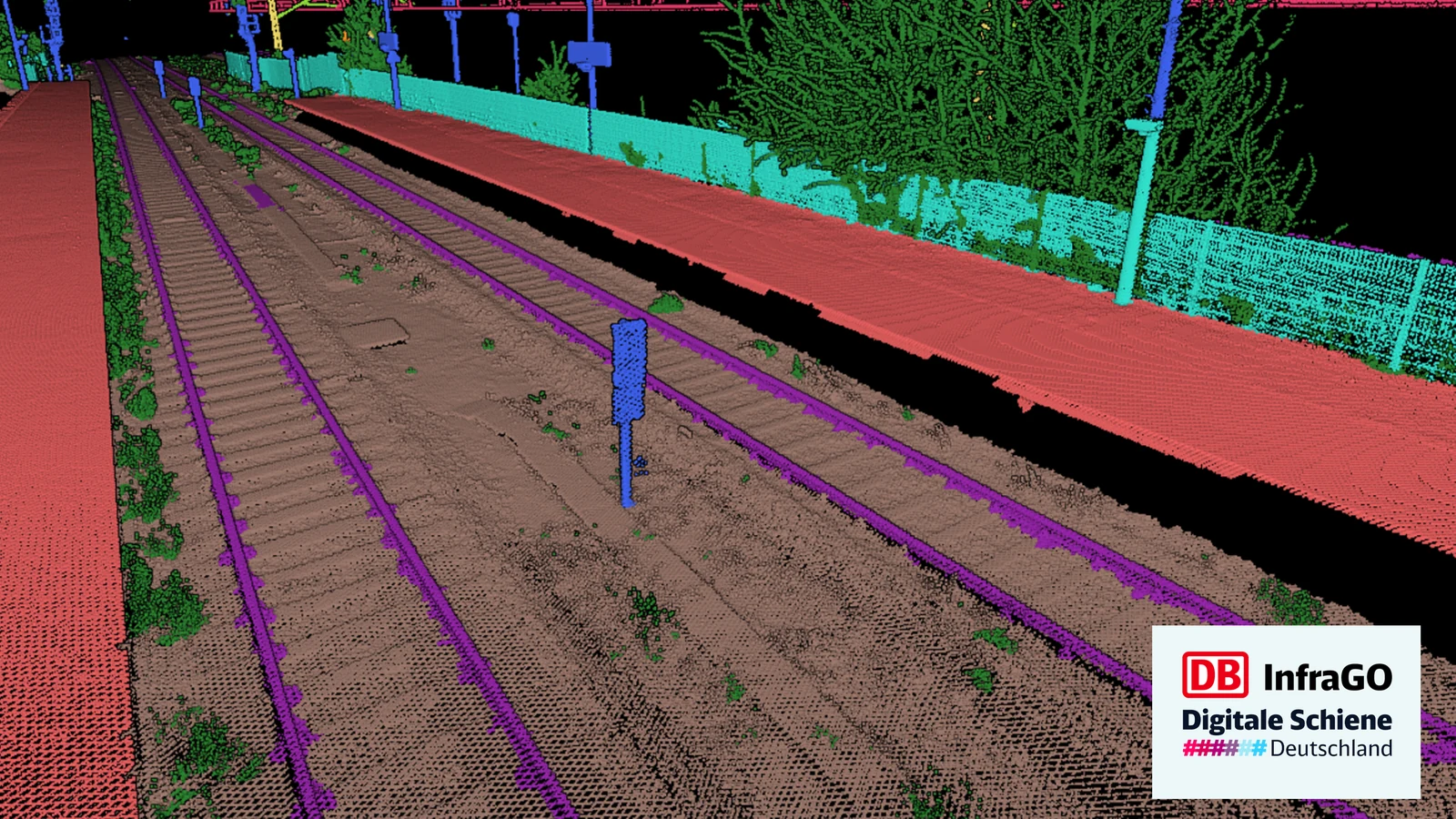 A platform, the catenary, the noise walls and a signal pole, each separated from the track