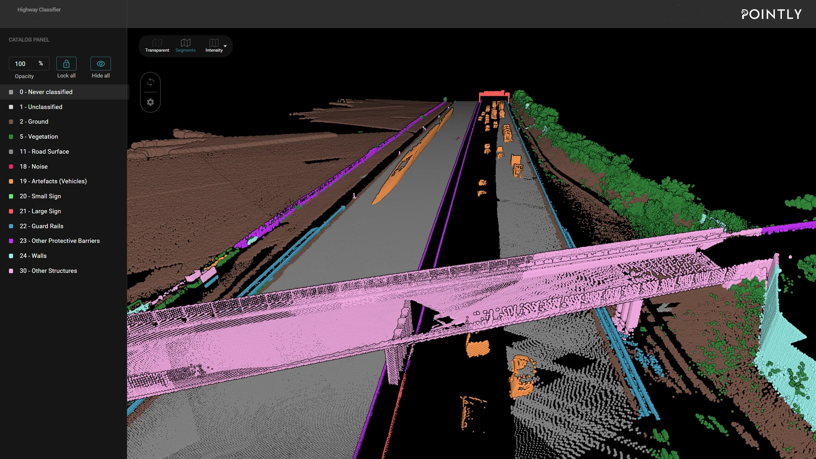 A bridge over the carriageway, separated from the road surface and the traffic underneath it