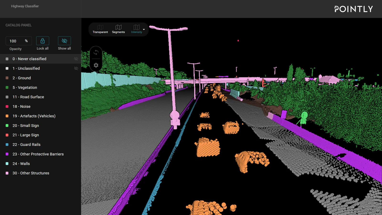 A carriageway with the lamp posts, the guard rails, the walls and the passing vehicles each in their own class