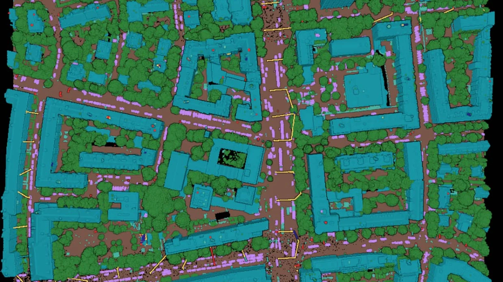 A Munich city block from straight above, buildings, trees, road surface and street furniture separated