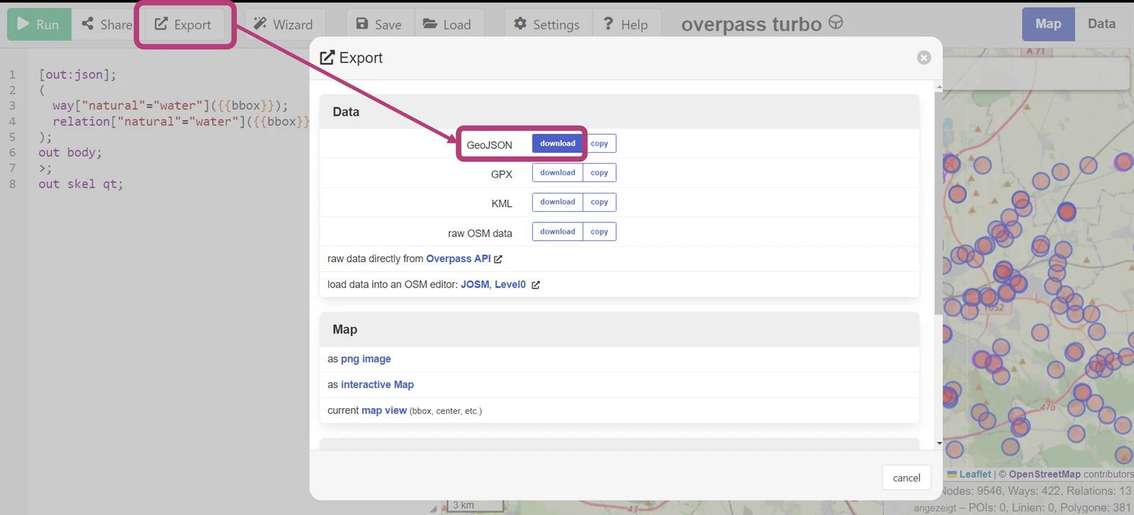 The queried objects can be exported into a single GeoJSON file