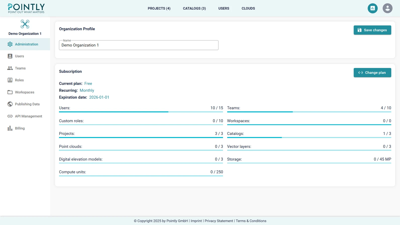 The organization profile with its quotas: users, teams, projects, catalogs, storage and compute