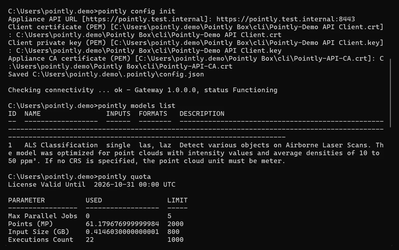 Setting up the command line client: the appliance address, the client certificate and its key, then a connectivity check and the model catalog.