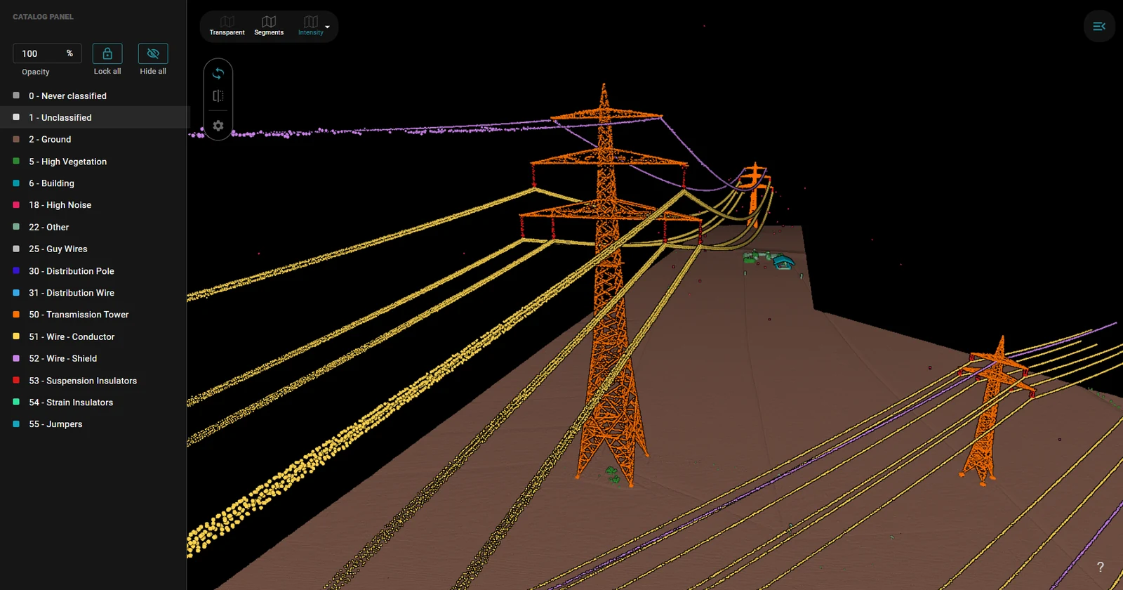 The classified corridor: towers, conductors, shield wire, insulators and vegetation