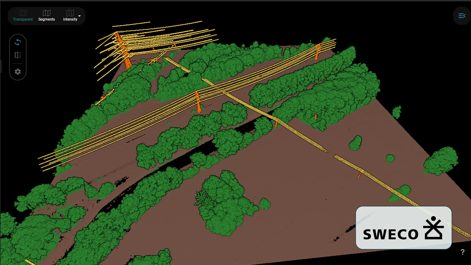 A power line corridor from above, the wires and the towers separated from the vegetation and the ground
