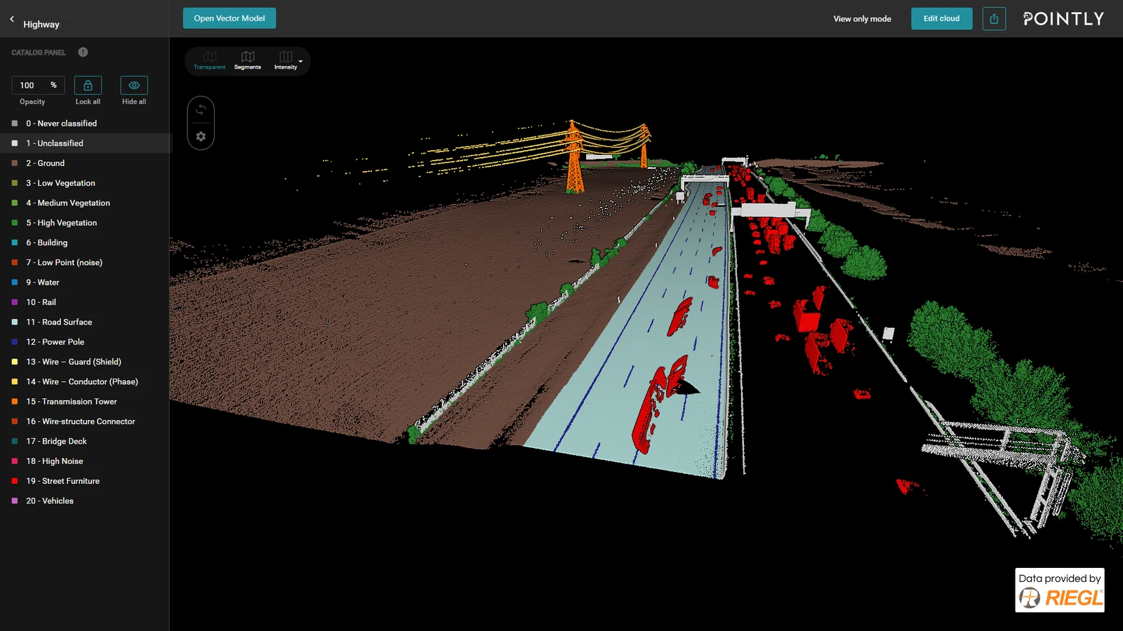 The classified point cloud on its own: ground, road surface, wires, poles and vehicles. Data provided by RIEGL