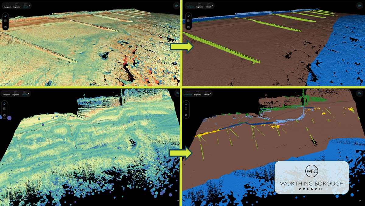 Two pairs of the same scan, the raw cloud on the left and the classified result on the right