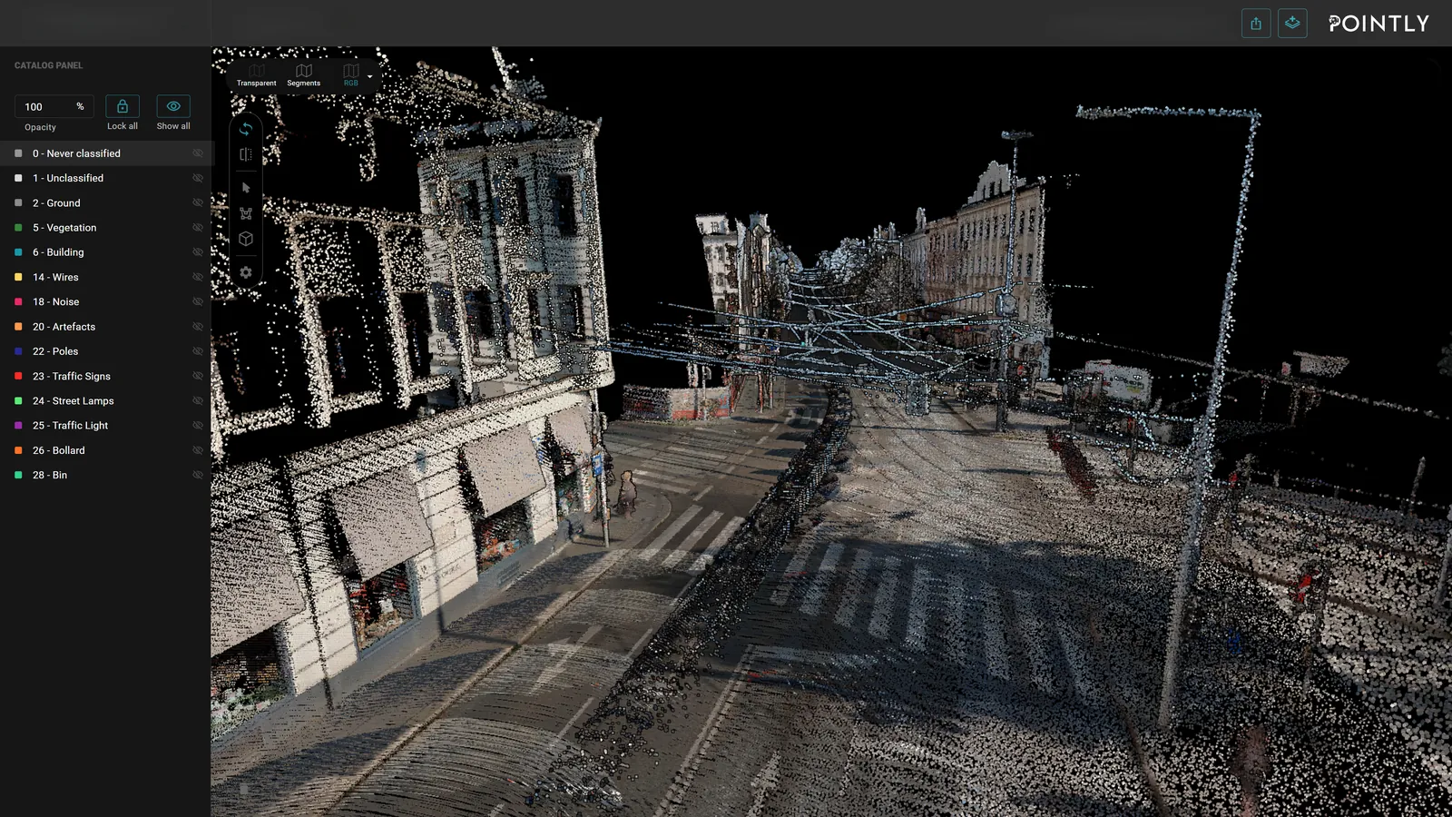 A mobile mapping scan of a city street open in Pointly, in its original colours: facades, road, tram wires and street furniture all one undifferentiated cloud, with the class catalog panel empty of colour beside it