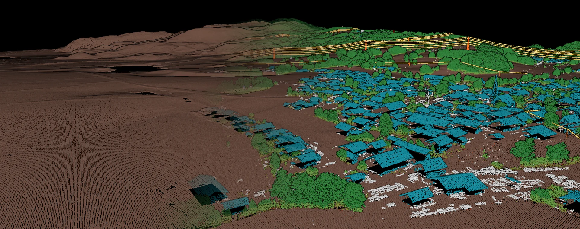 The Kochelsee survey, the bare ground on the left turning into the full classification on the right, with buildings, vegetation and a power line