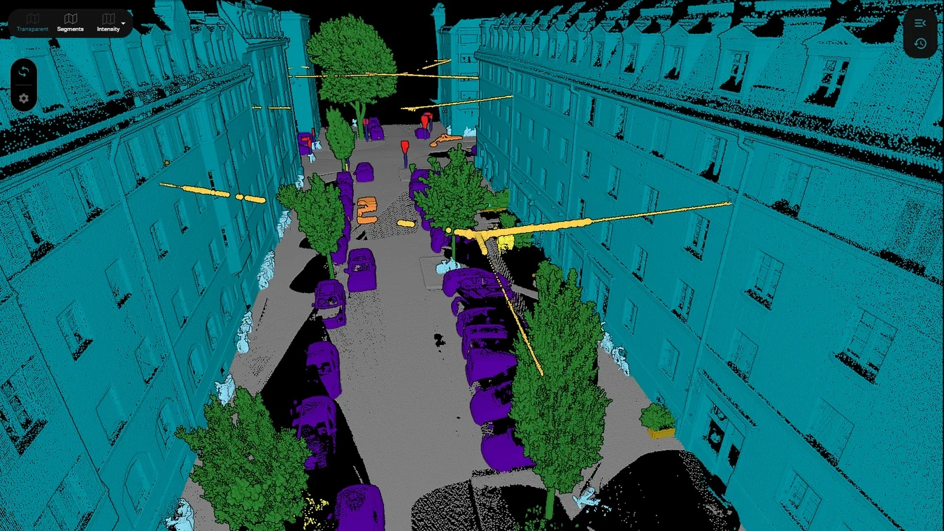 A street canyon with the facades, the trees, the wires and the parked vehicles each in their own class