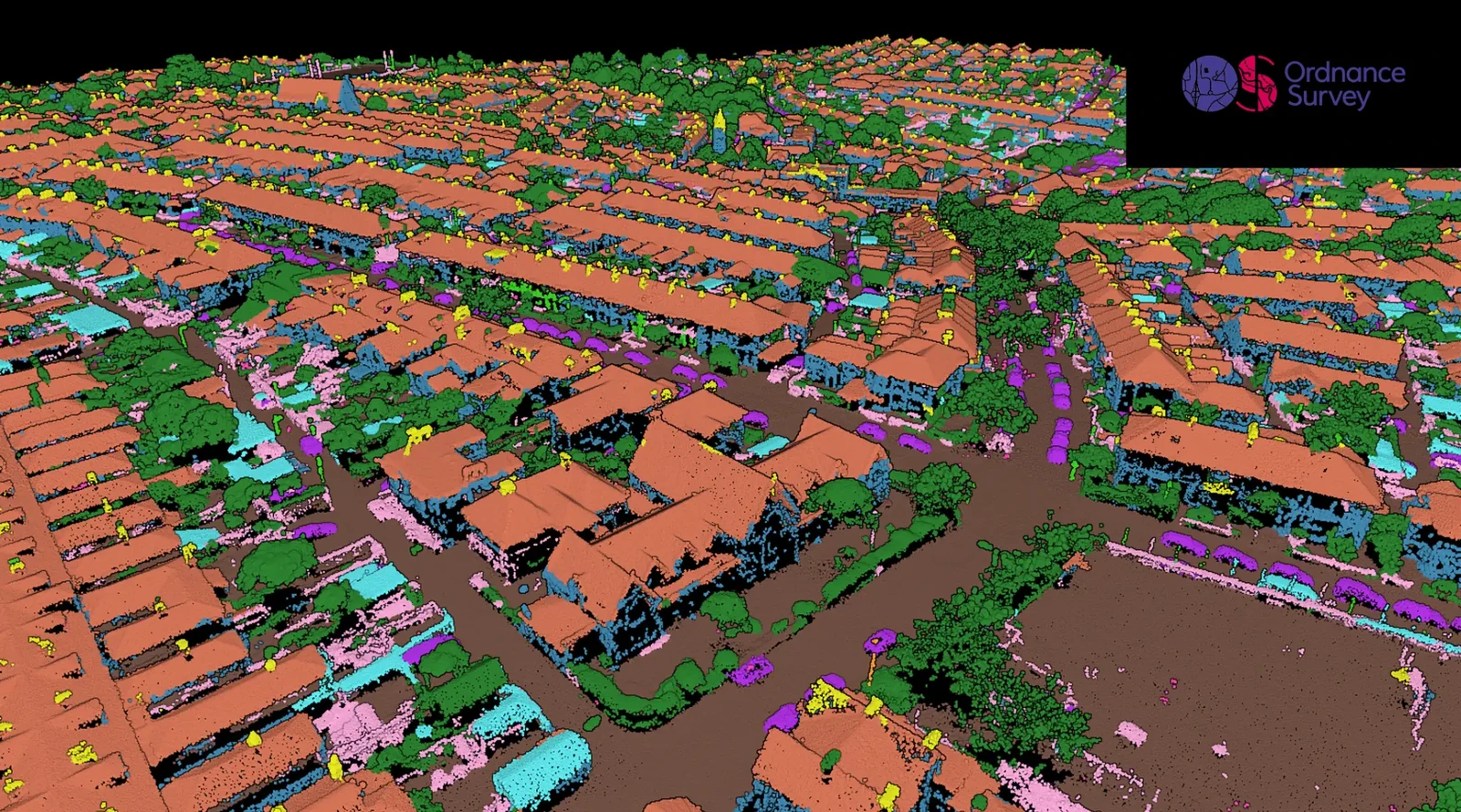 A dense residential area in a photogrammetric point cloud, classified, with the roofs, the trees, the vehicles and the ground each in their own colour, and the Ordnance Survey logo