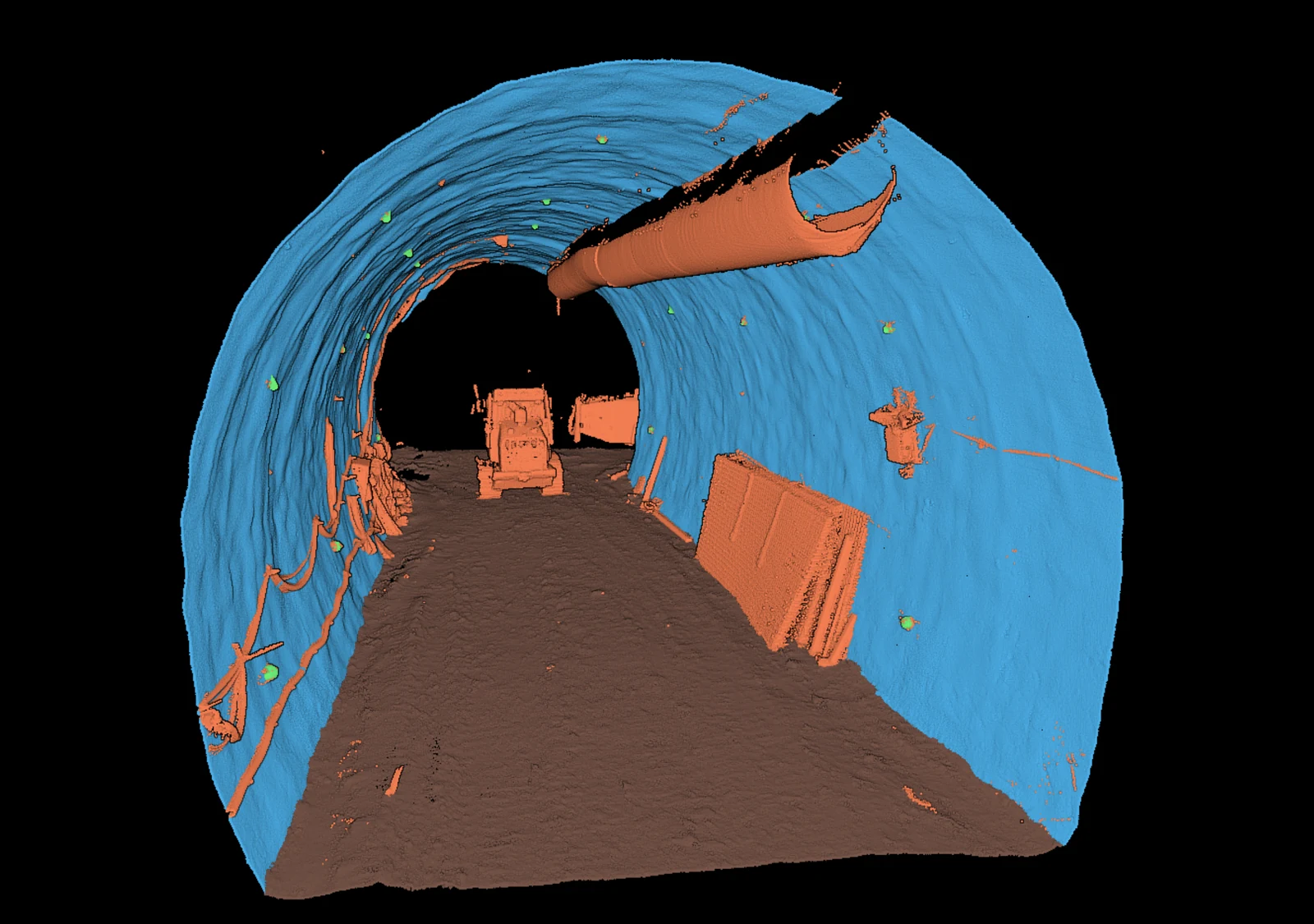 A mining tunnel scan classified, with a vehicle, a ventilation duct, cables and anchor points still in the cloud