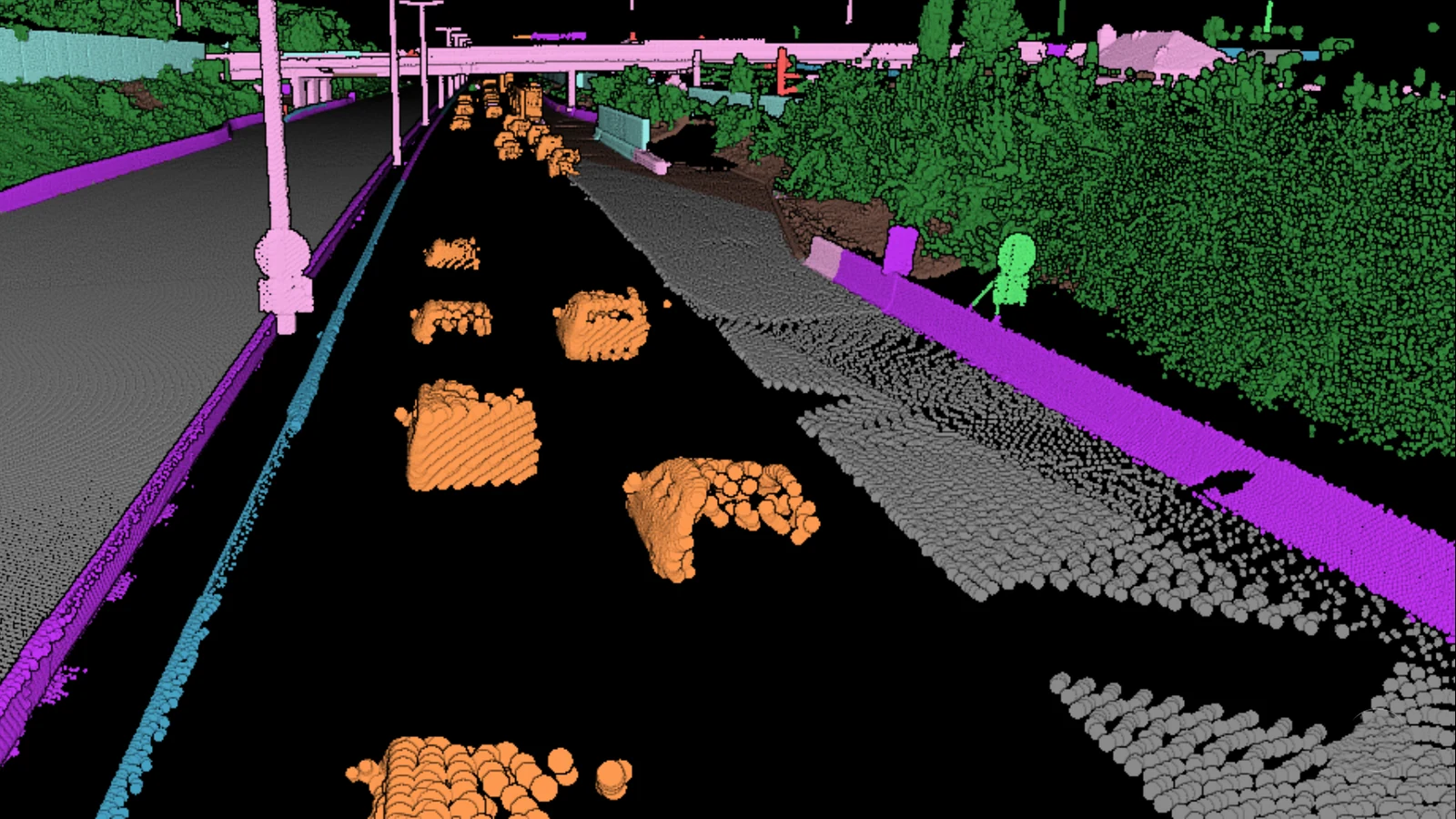 A carriageway with the passing vehicles picked out in orange, the guard rails and the walls each in their own class