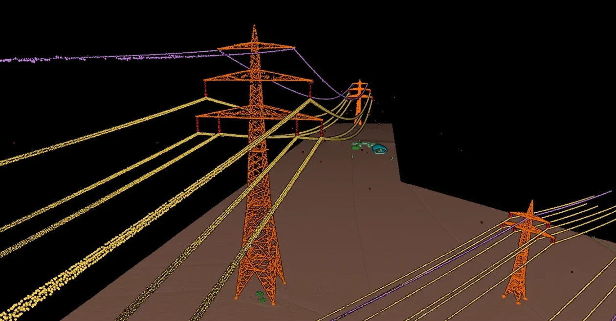 A power line corridor classified — the towers, the conductors and the vegetation each in their own class