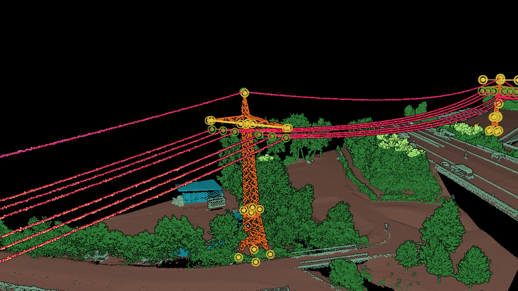 Catenary lines running between towers with the attachment points marked as nodes along them